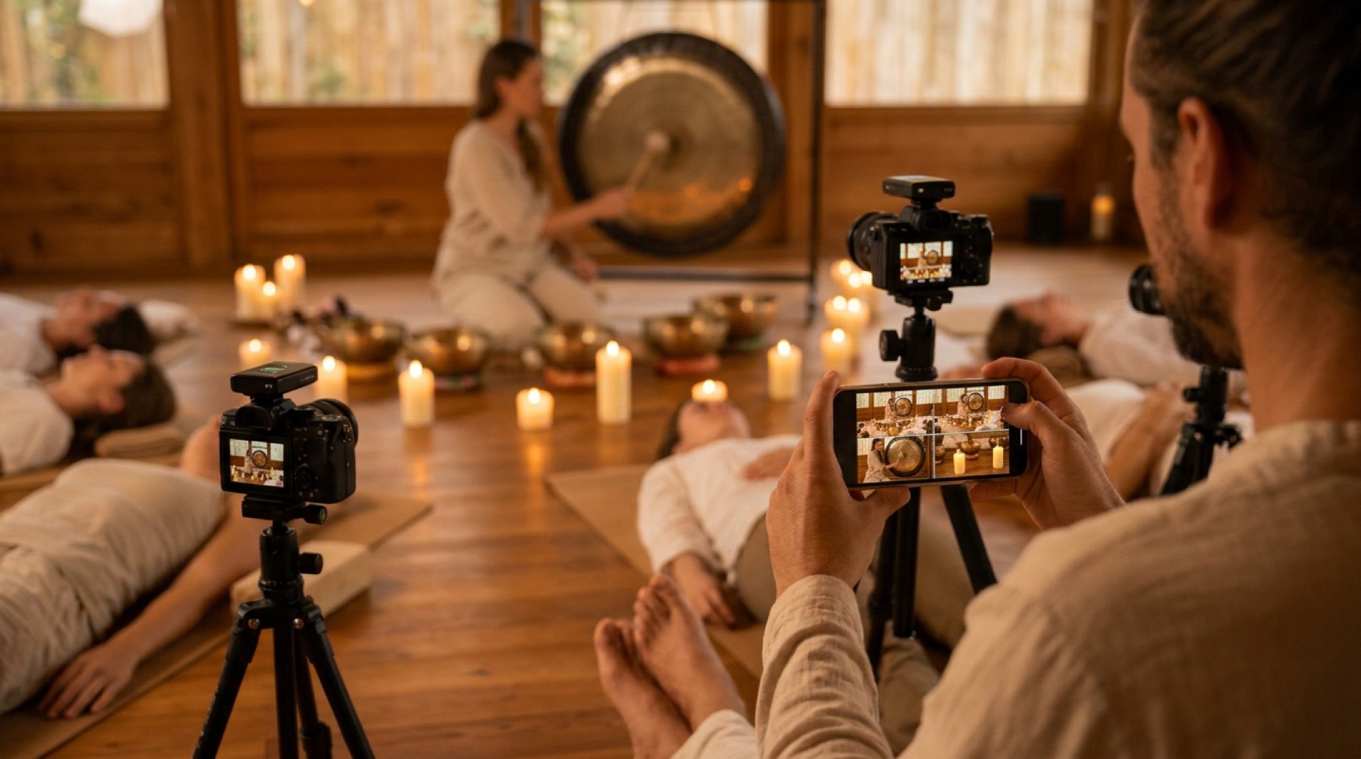 A sound healing evening filmed by three Sony cameras, the filmmaker holding a phone that shows all three