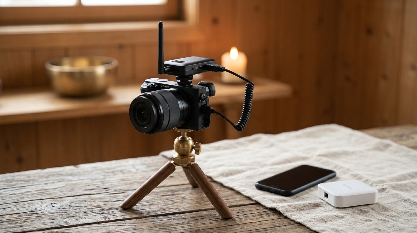 A Sony camera on a small tripod with a wireless transmitter on its hot shoe and a coiled HDMI cable; a phone and a small travel router on linen beside it
