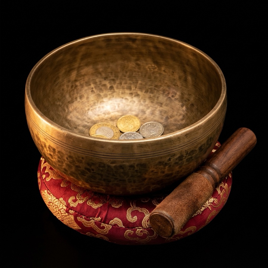 A Tibetan singing bowl on a red cushion, coins inside